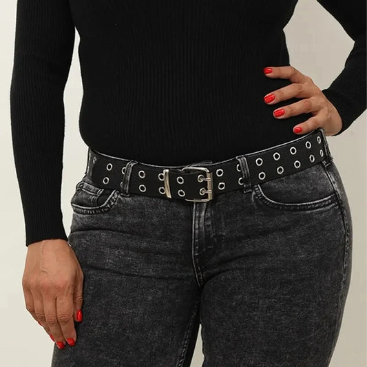 Women's Belt Trend Double Ring Belt Double Hole Eyelet Grommet Leather Buckle Punk Pin Belt Leisure Dress Jeans Gothic Waistband