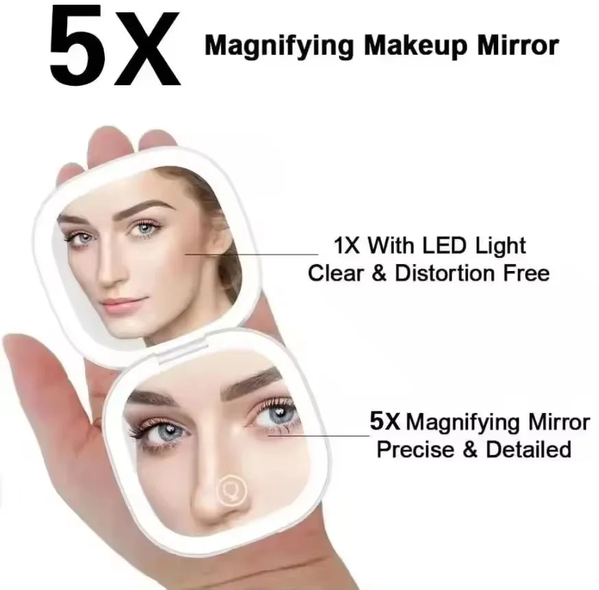 Double-Sided LED Makeup Mirror with 5X Magnification and Three Color Modes Compact Portable Design