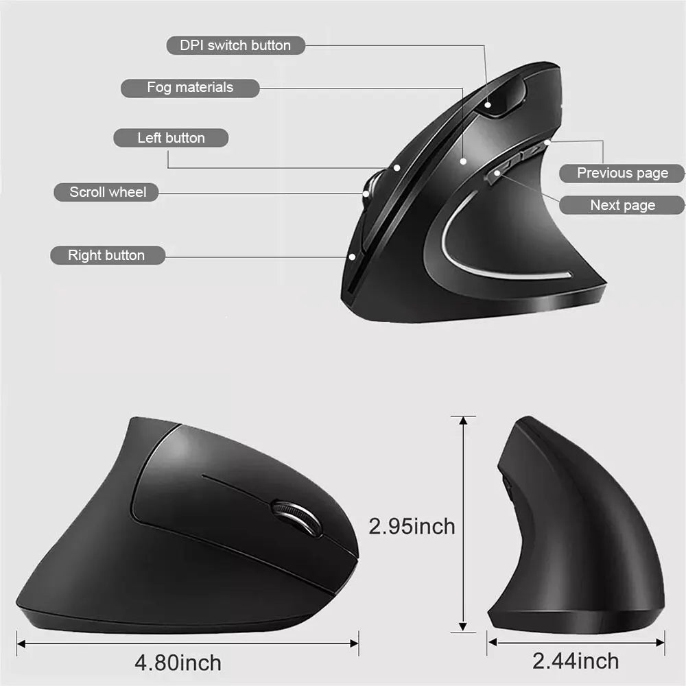 Vertical Mouse Ergonomic 2.4GHz Wireless Optical Mice 3 Adjustable DPI 800/1200/1600 6 Buttons for Laptop PC Computer Desktop