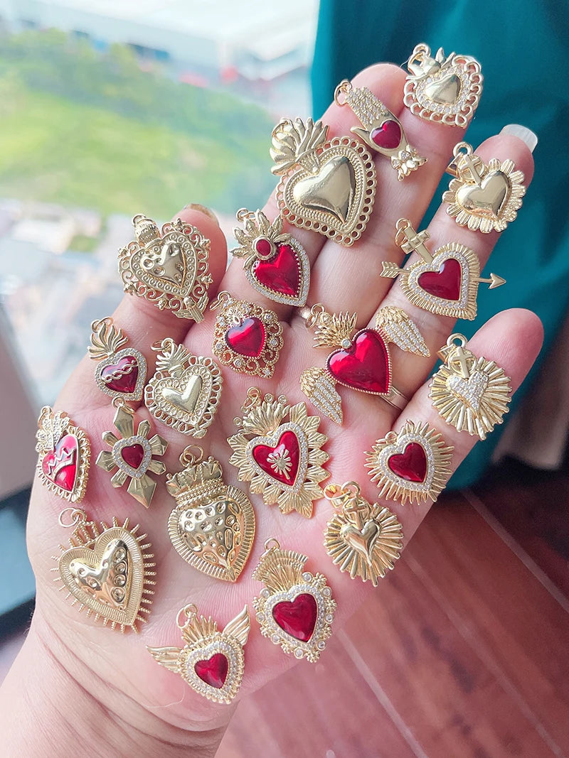 New Sacred Red Heart Charm Pendant 18K Gold Plated Zircon