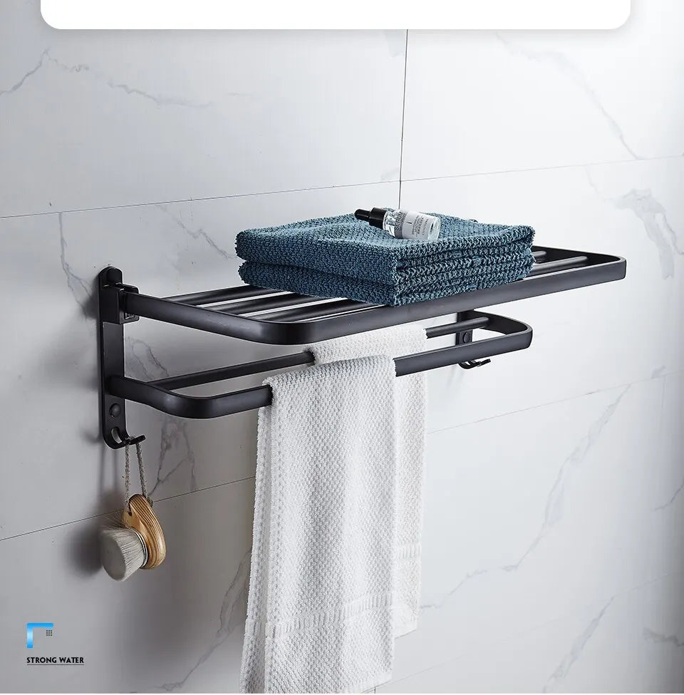 Matte Black 50CM Folding Holder With Hook Towel Holder Wall Mount AluminumTowel Rack