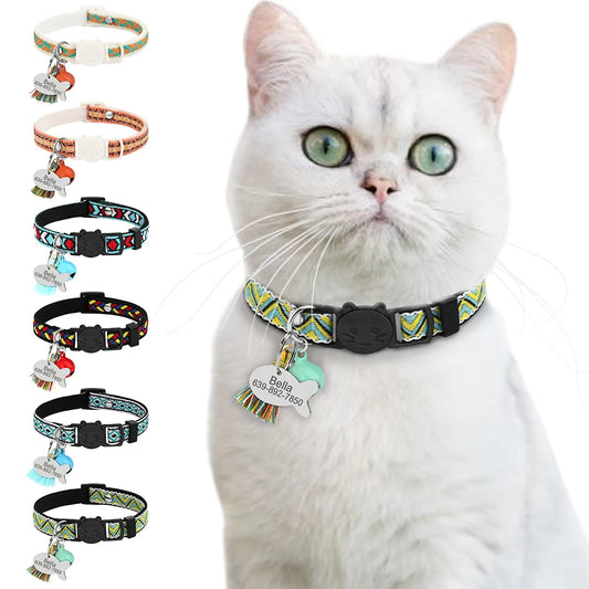 Quick Release Cat Collar Personalized Bohemian Style Cat Collars Safety Kitten Necklace with Fish ID Tag Bell Anti-lost For Cats