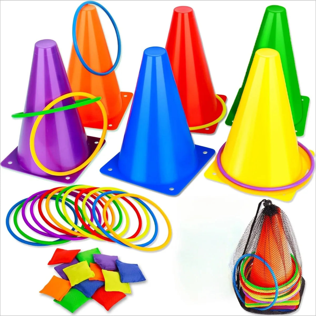 3 in 1 Soft Plastic Cones Bean Bags and Ring Toss Games Set for Kids Outdoor Birthday Party 32 Piece Carnival Fun