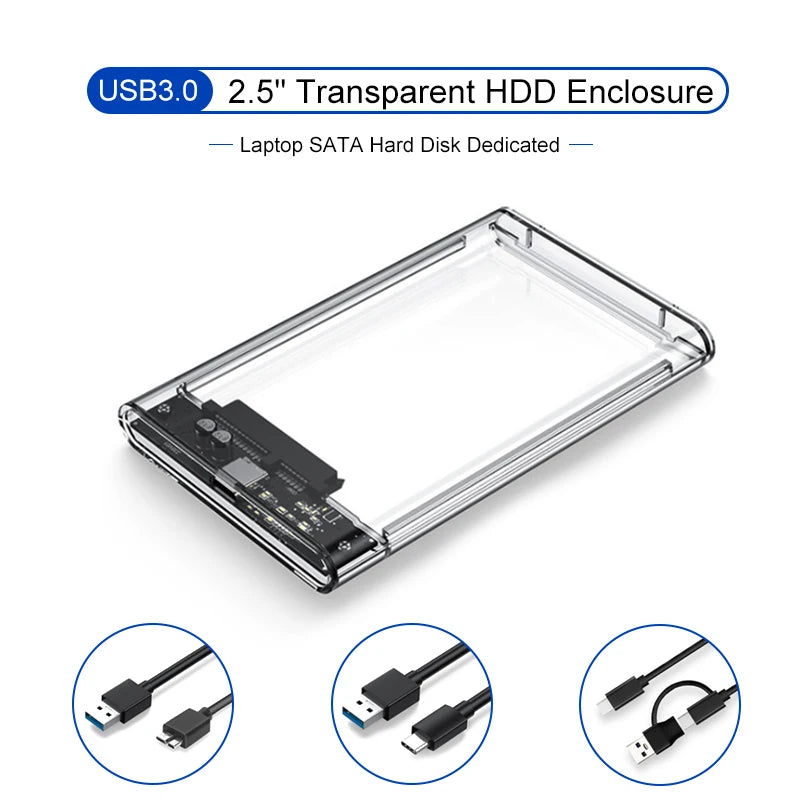 USB 3.0 Transparent HDD Enclosure 2.5" ,Type C Micro Cable External Hard Drive Disk Case 2.5 Inch SATA Box HDD SSD Computer