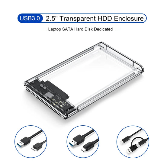 Carcasa de disco duro transparente USB 3.0 de 2,5", caja de disco duro externo con microcable tipo C de 2,5 pulgadas, caja SATA para HDD SSD y ordenador