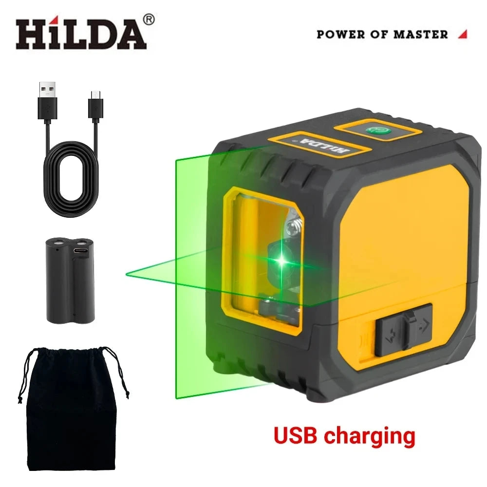 HILDA 2 Lines Mini Laser Level Self Levelling Green Beams Laser Horizontal & Vertical Cross-Line USB Charging