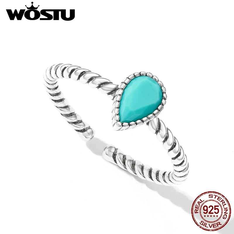 WOSTU 925 Sterling Silver Waterdrop Turquoise Open Size Ring for Women 100% Silver Twisted Ring Fine Jewelry Party Gift For Girl