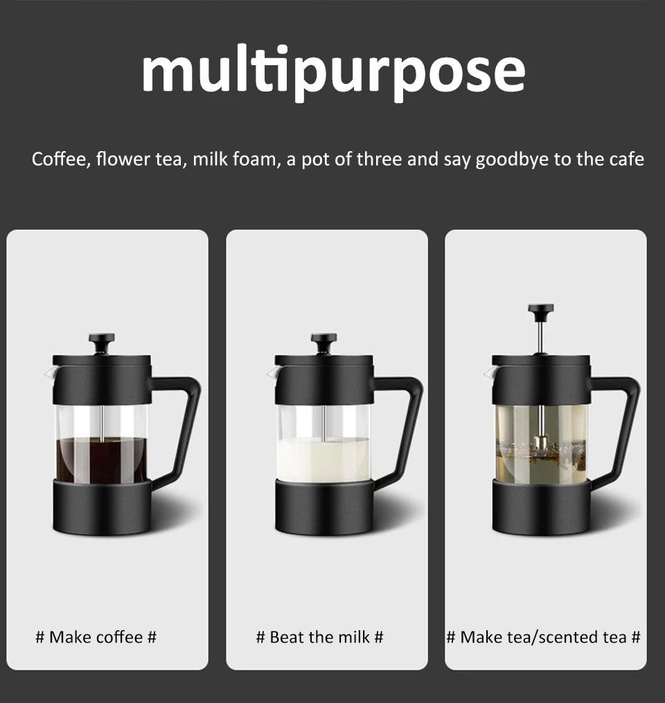 French Press Coffee Maker – 350ml/600ml/1L Borosilicate Glass Pot with Stainless Steel Filter