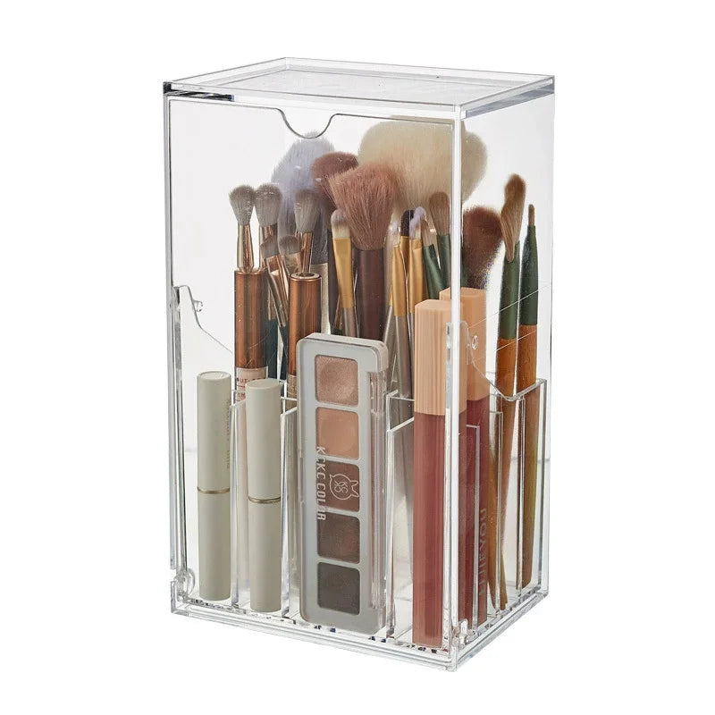 Large Capacity Clear Makeup Brush Holder Organizer with Lid 17 Slot Slanted Design for Desk Storage