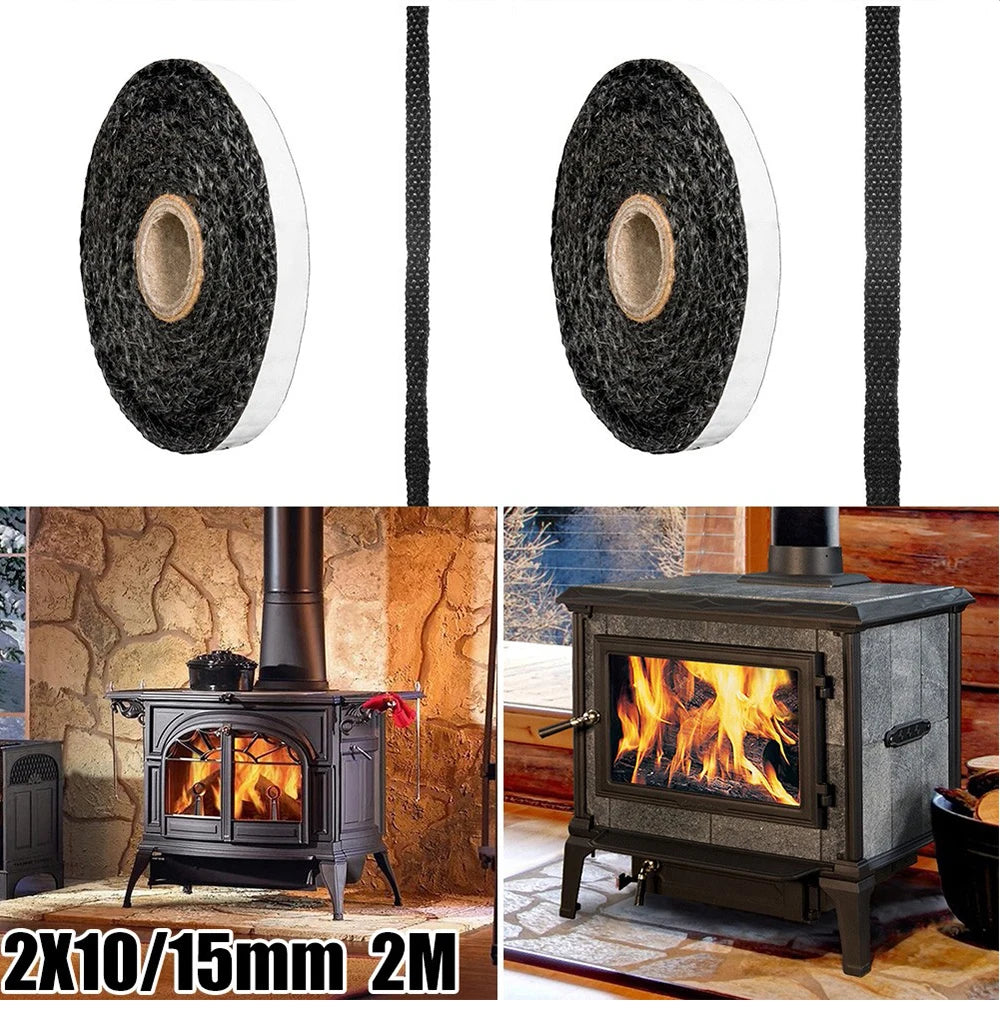 Cinta de sellado para puerta de chimenea de fibra de vidrio autoadhesiva de color negro, con cuerda plana para estufa, de repuesto, 10/15 mm de ancho y 2 m de largo