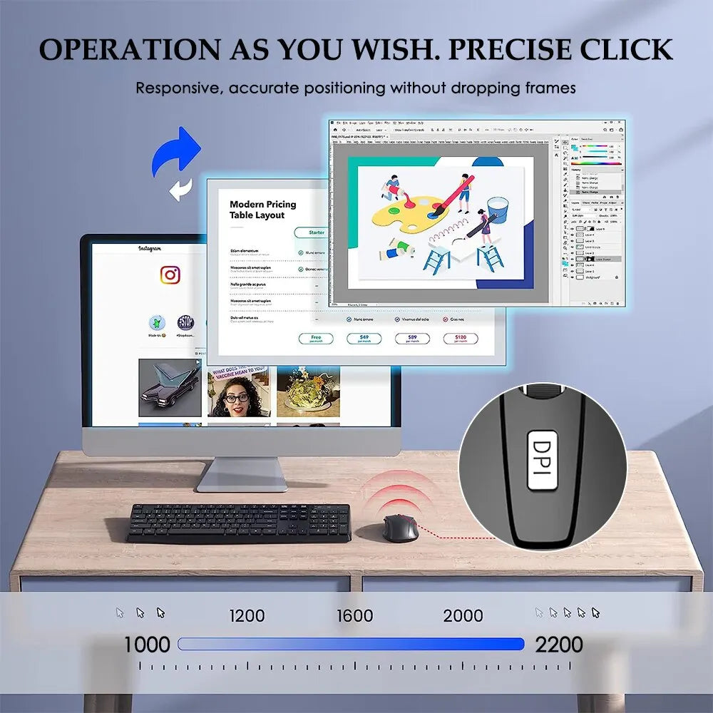 Ratón inalámbrico silencioso de 2,4 G, portátil, óptico, para oficina, niveles de DPI ajustables para portátiles, PC, portátiles, MacBook