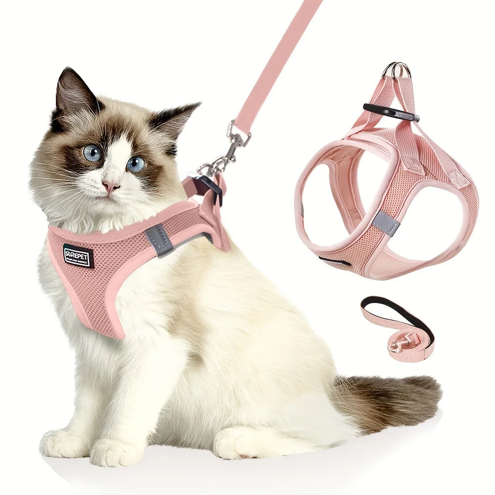Adjustable cat harness with reflective tape, soft and breathable vest, suitable for walking and preventing escape