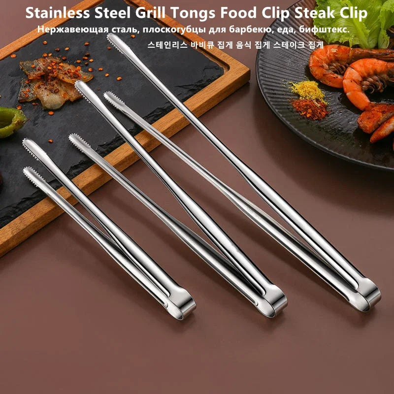 Stainless Steel Grill Tongs Food Clip BBQ Steak Clip Bread Tong Cooking Utensils Party Non-Slip Kitchen Gadgets Accessories