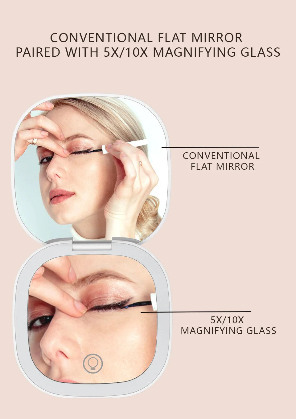 Mini Compact Foldable LED Makeup Mirror with 5x and 10x Magnification Rechargeable and Travel Friendly