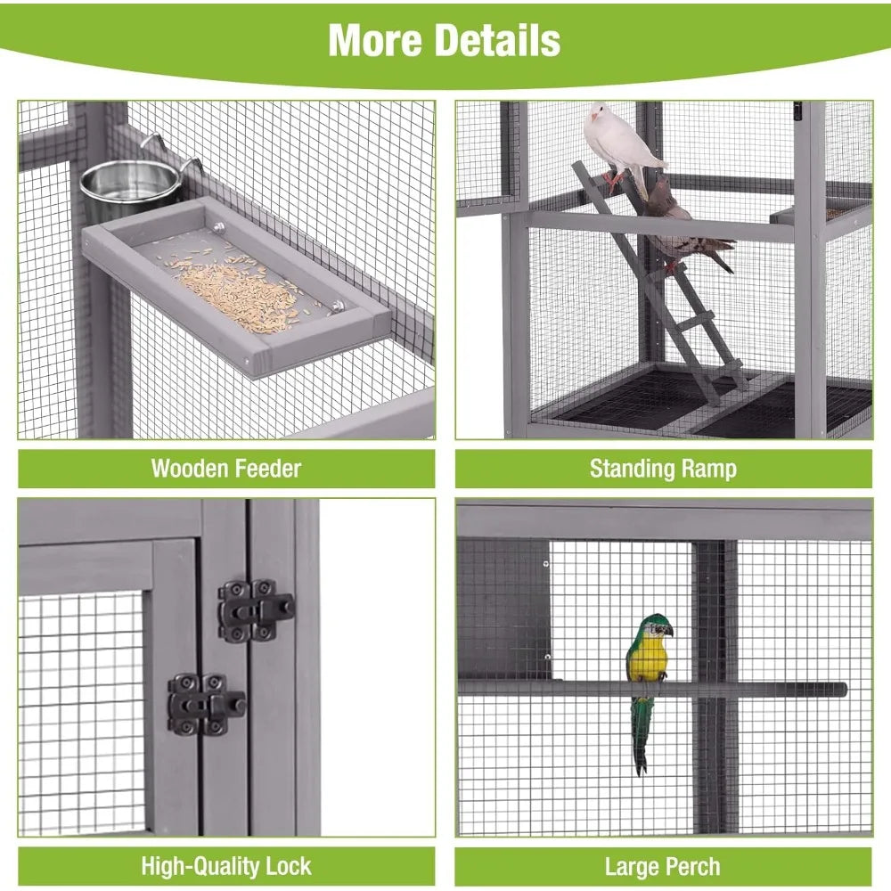 Bird Cage Outdoor Wooden Aviary Indoor, 70" H Large Parrot Cage with 4 Casters, Flight Bird Cages for Parrot Lovebirds Finches(