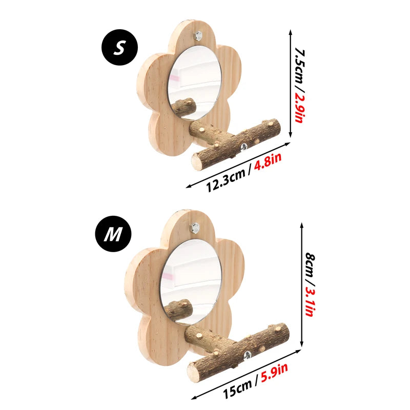 Wooden Bird Perch Natural Wood Bird Perch Stand with Mirror Parrots Platform Cage Accessories Branch Perch Rod Stand