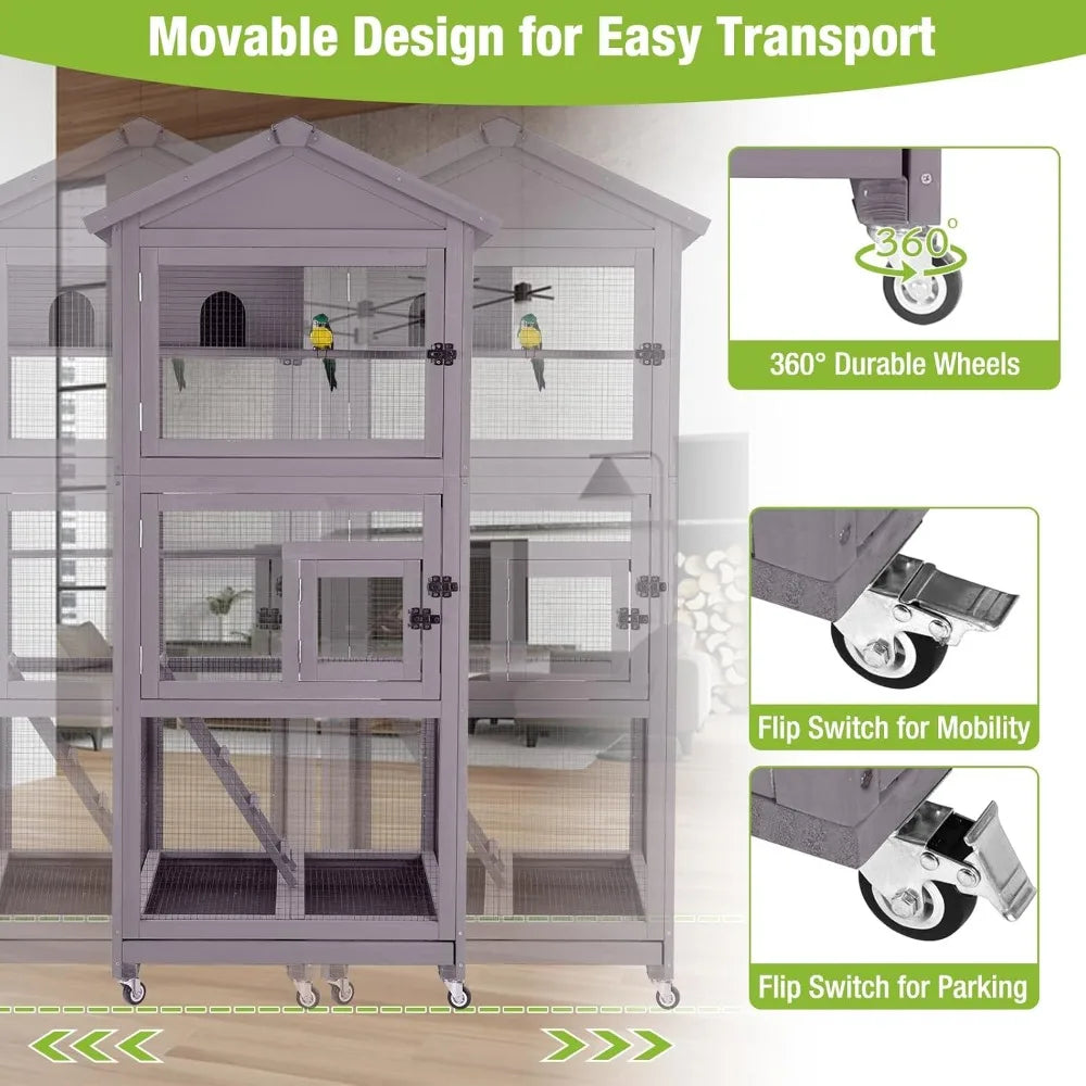 Bird Cage Outdoor Wooden Aviary Indoor, 70" H Large Parrot Cage with 4 Casters, Flight Bird Cages for Parrot Lovebirds Finches(