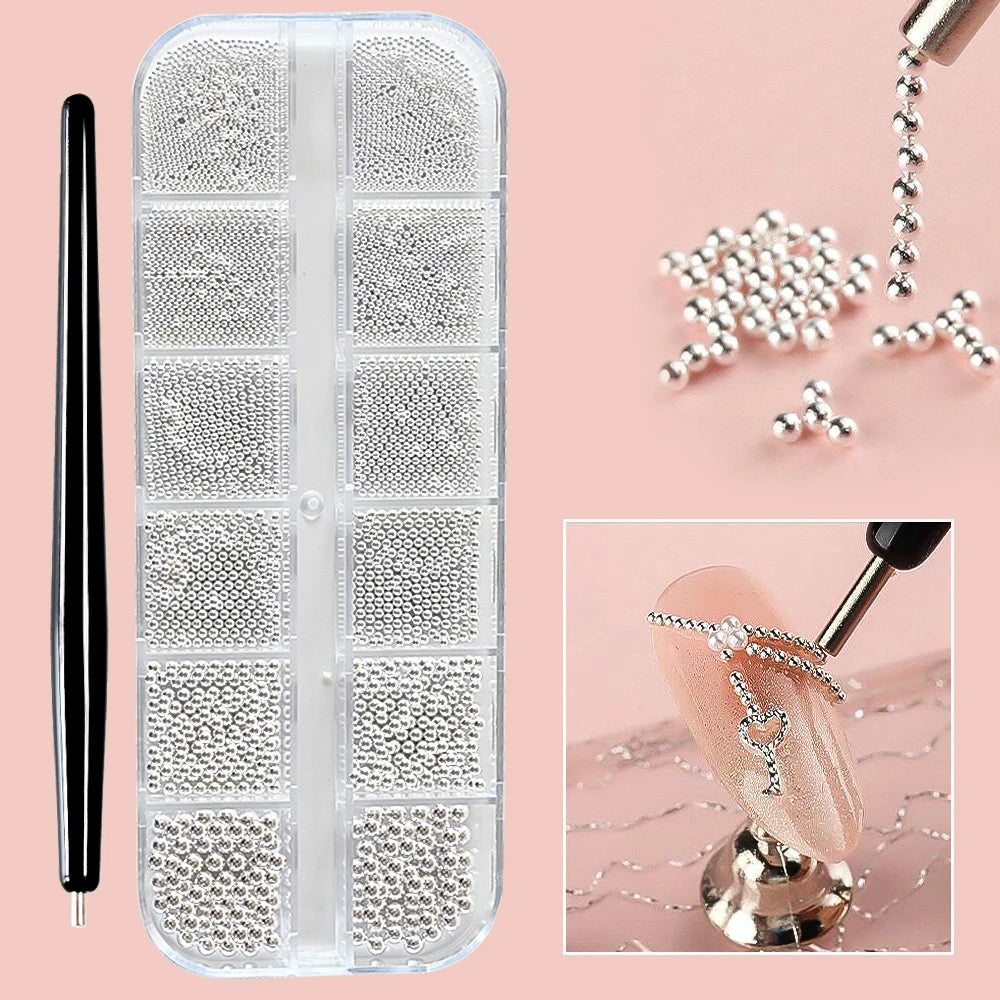 12 Grids Mini Caviar Beads Nail Art Charms 3D Metal Gold Silver Steel Ball (0.4mm-1.5mm) Nail Parts With Magnetic Pen Nail Decor