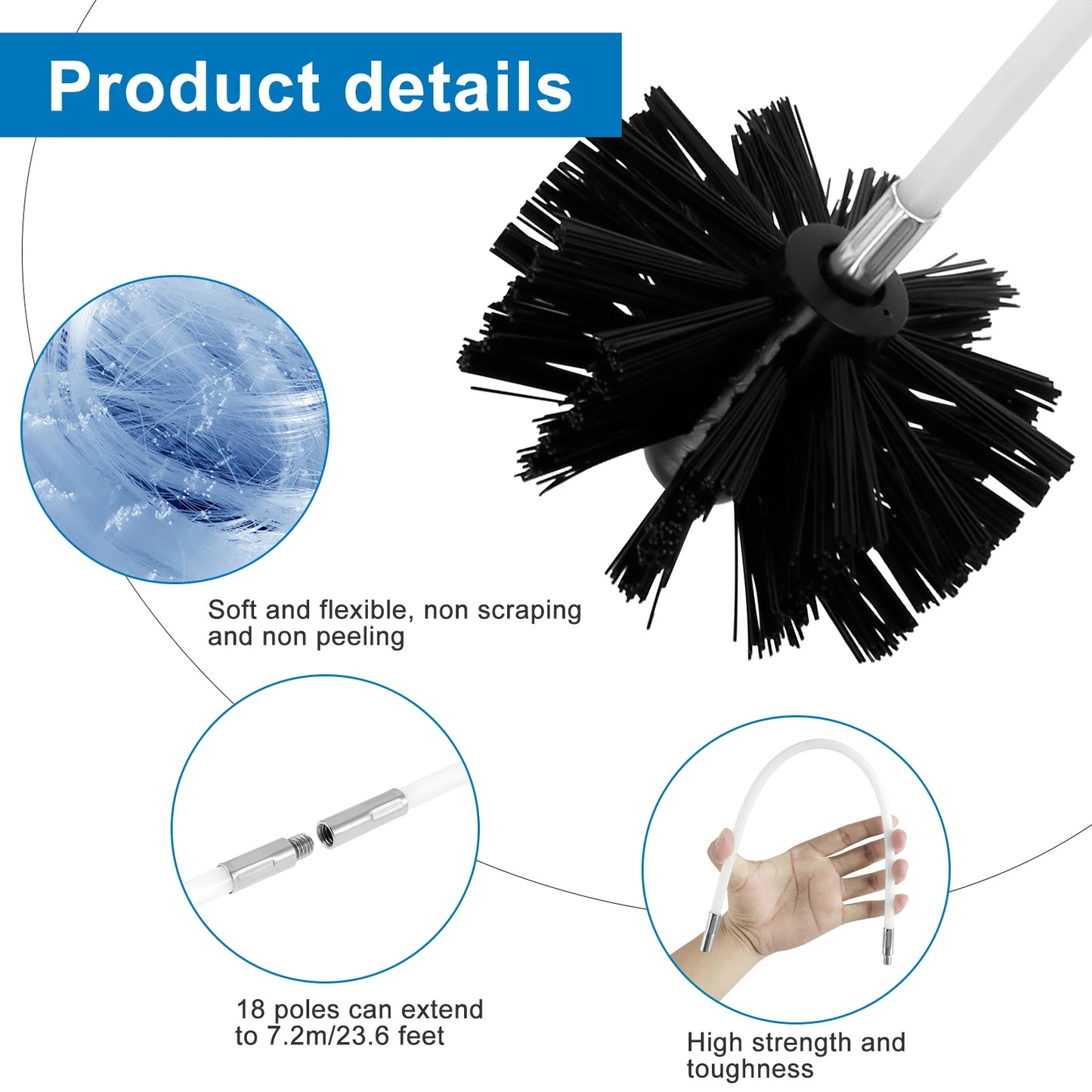 Chimney Cleaning Brush Set with Extendable Long Handle and Flexible Rods 9 to 18 Pieces for Efficient Chimney and Roof Cleaning