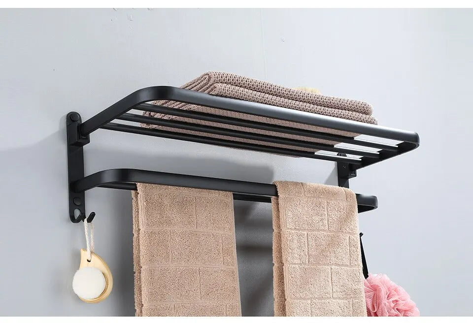 Matte Black 50CM Folding Holder With Hook Towel Holder Wall Mount AluminumTowel Rack