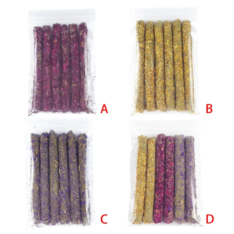 6Pcs/set Rose Calendula Lavender Stick Molar Chewing Toys Dental Care Chewing Snacks Suitable for Rabbits, Hamsters, Chinchilla