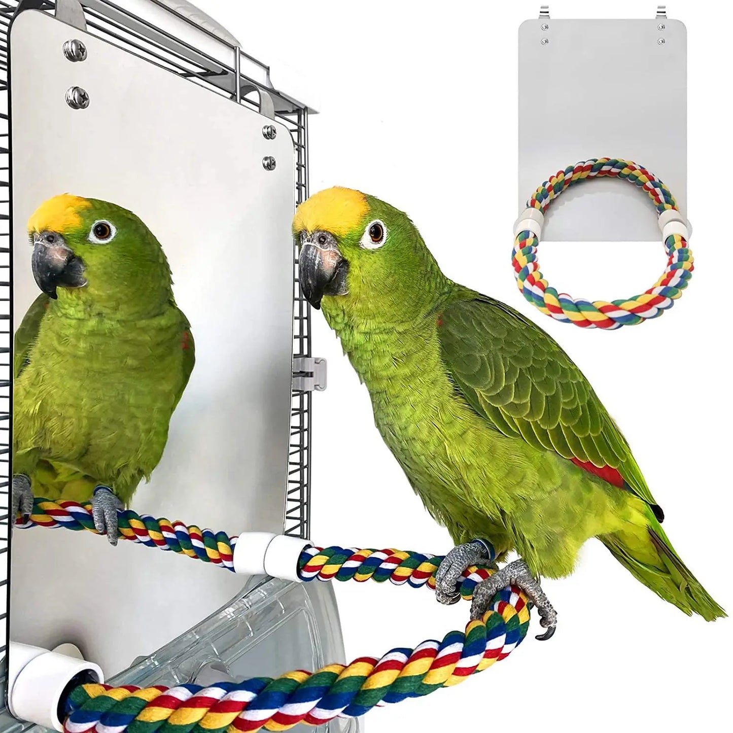 Bird Mirror With Perch Cage Swing Toy Macaws Finches Small Parakeet Rope Stand for Parrot Pet Supplies