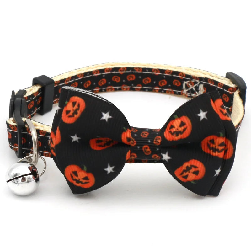 Puppy Kitten Necklace Adjustable Safety Buckle Strap Chihuahua Bow Tie Pet Supplies Happy Halloween Cat Collar with Bell Bowknot