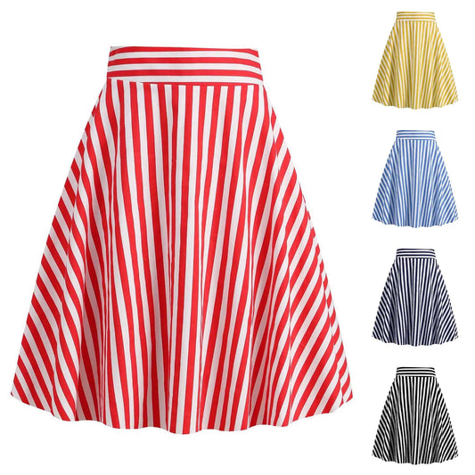 2025 Spring Summer Vintage Skirts Women Korean Fashion Striped Faldas Elegant Chic A-Line Swing Skirt Fashion Midi Skirts