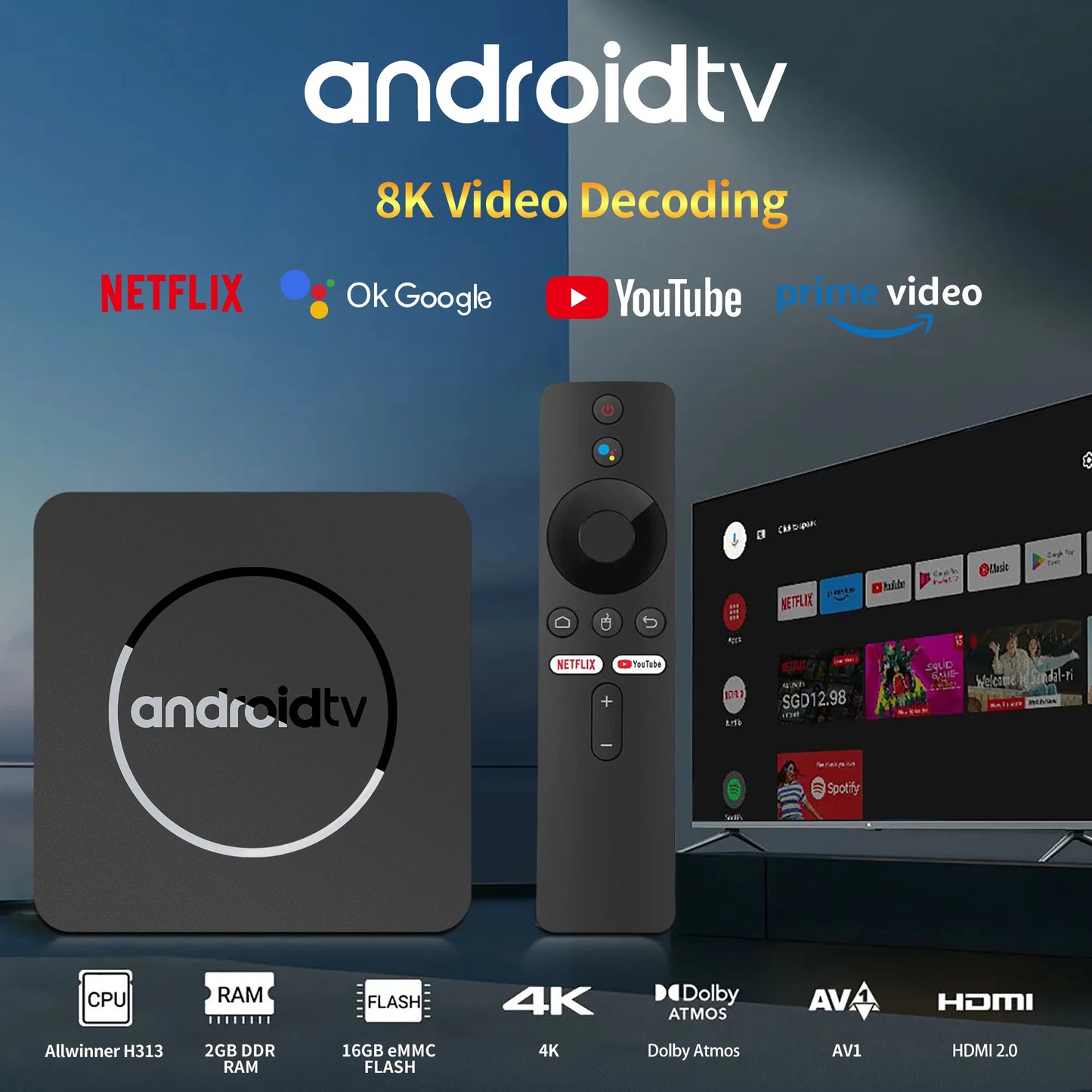 Global Version Mortal Smart Streaming Media TV Box Android 13 Allwinner H313 with Bluetooth Google Assistant Dual Band Wifi and 4K HD Support