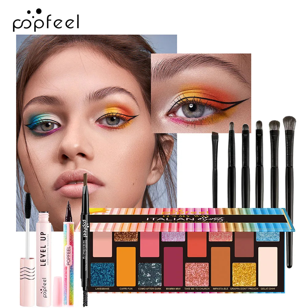 Popfeel All in One Makeup Kit Gift Set with Eyeshadow Palette Foundation Lip Gloss Blush Brushes and Eyeliner Essential Beauty Collection