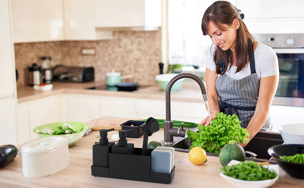 Matte Black Kitchen Soap Dispenser and Sponge Holder Set for Sink Caddy with Hand Soap and Dish Soap Storage