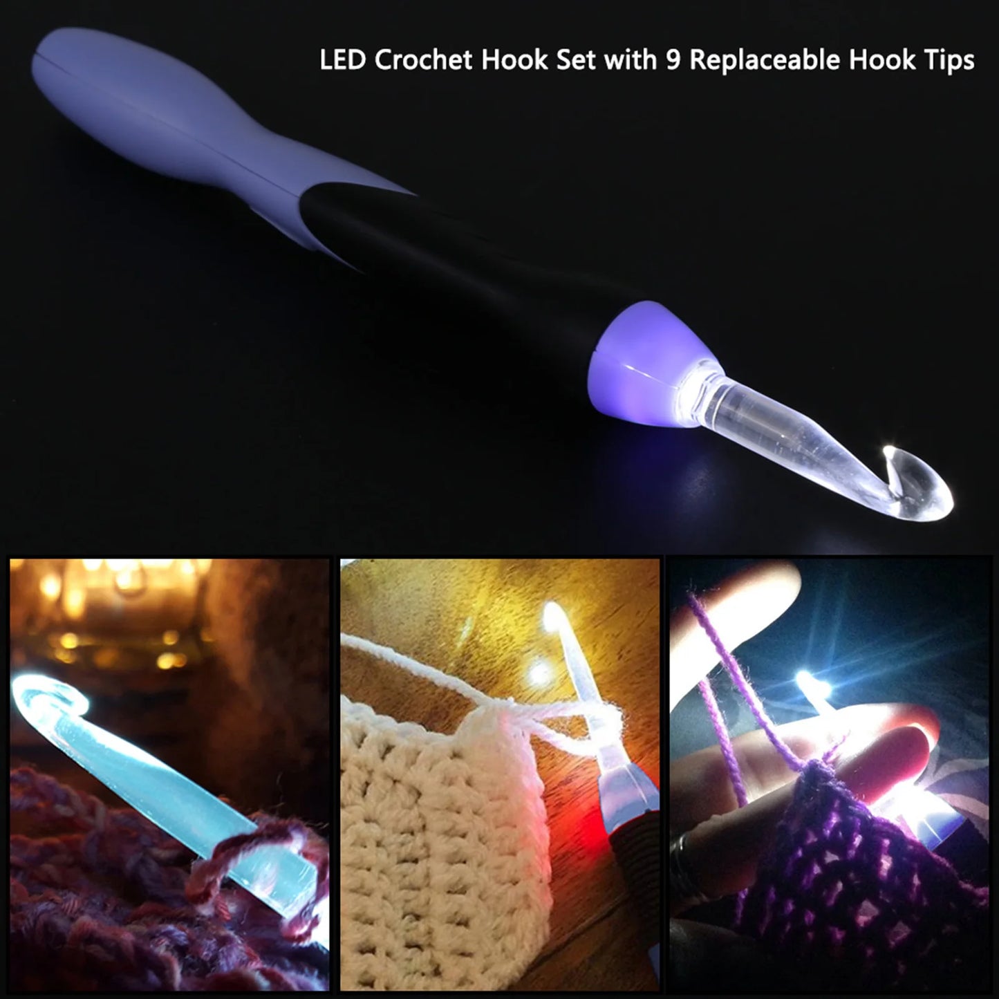 9 Piece USB Rechargeable LED Light Up Crochet Hook Set 2.5 to 6.5MM Ideal for DIY Crafts and Knitting