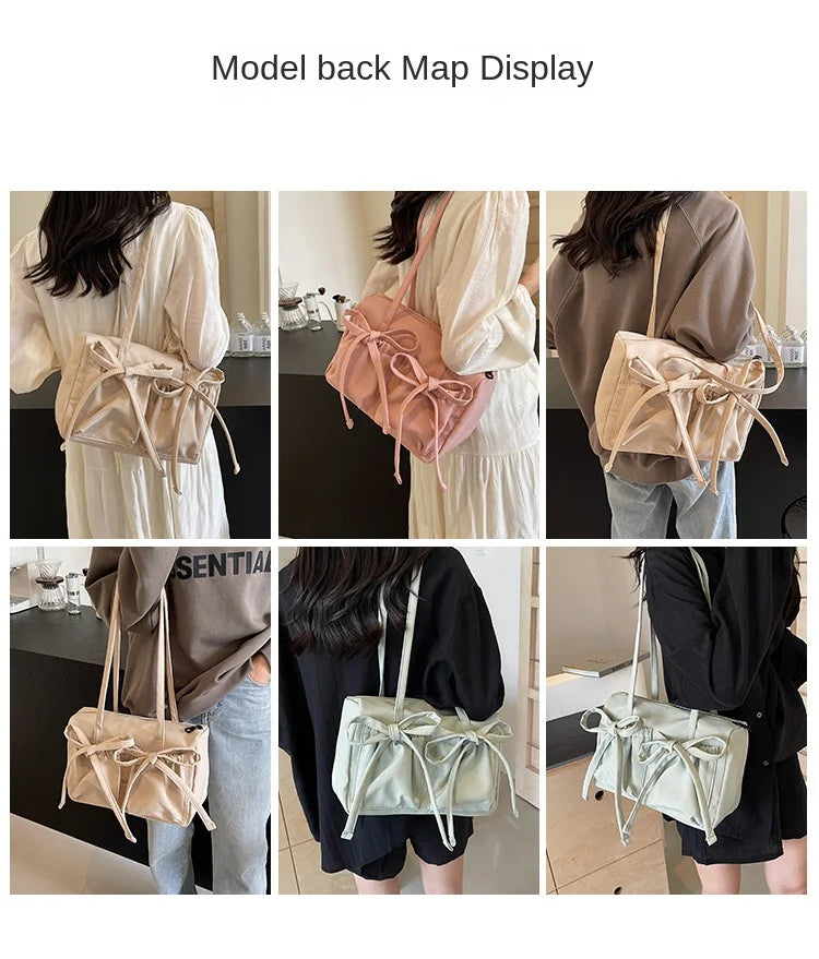 2024 New Korean Bow Nylon Shoulder Bag Fashionable and Sweet Design Tote Bag Folded Large Capacity Commuter Women's Handbag