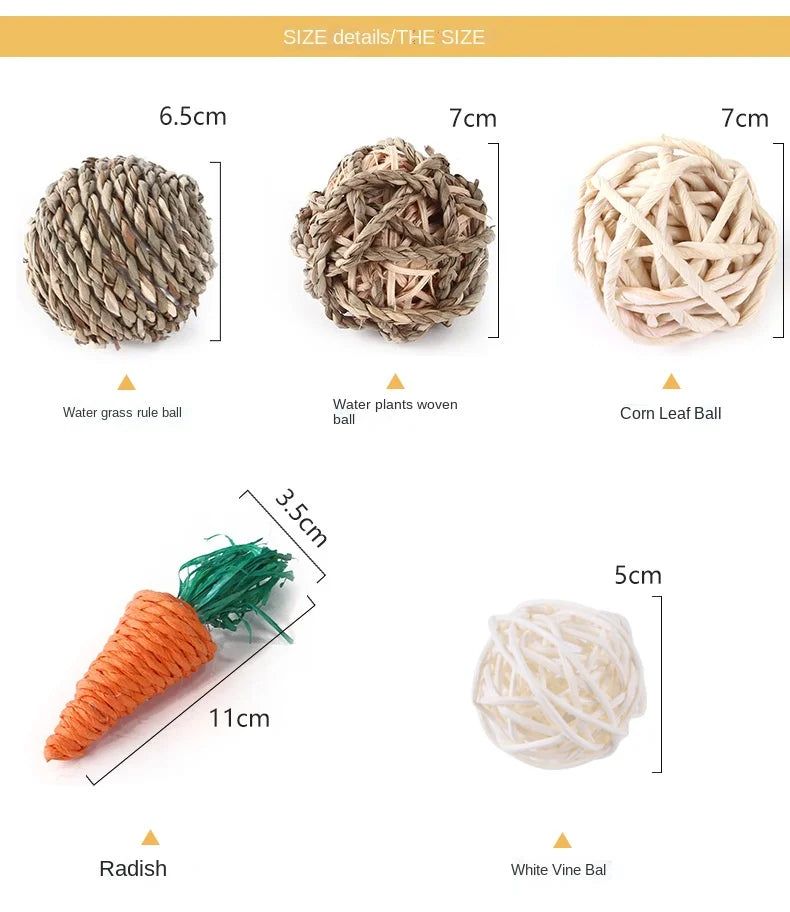 Natural Small Pet Chew Toys for Rabbit, Guinea Pig, Hamster Grass Balls Wood Hanging Toys, Teeth Grinding & Boredom Relief