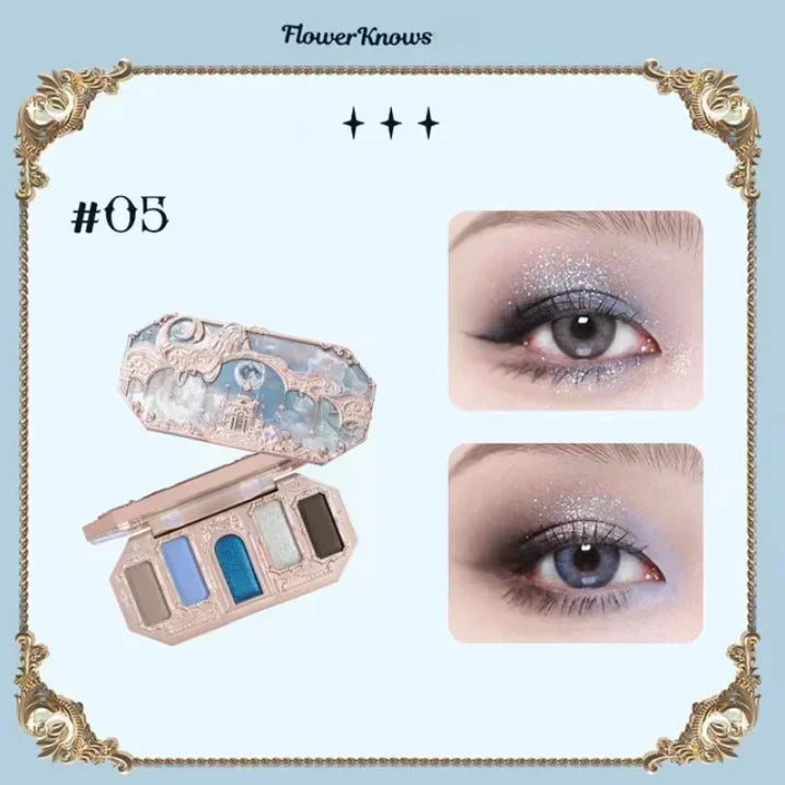 Flower Knows Moonlight Mermaid Eyeshadow Palette 8 Color Eye Makeup with Matte Shimmer and Glitter Finishes for Stunning Looks