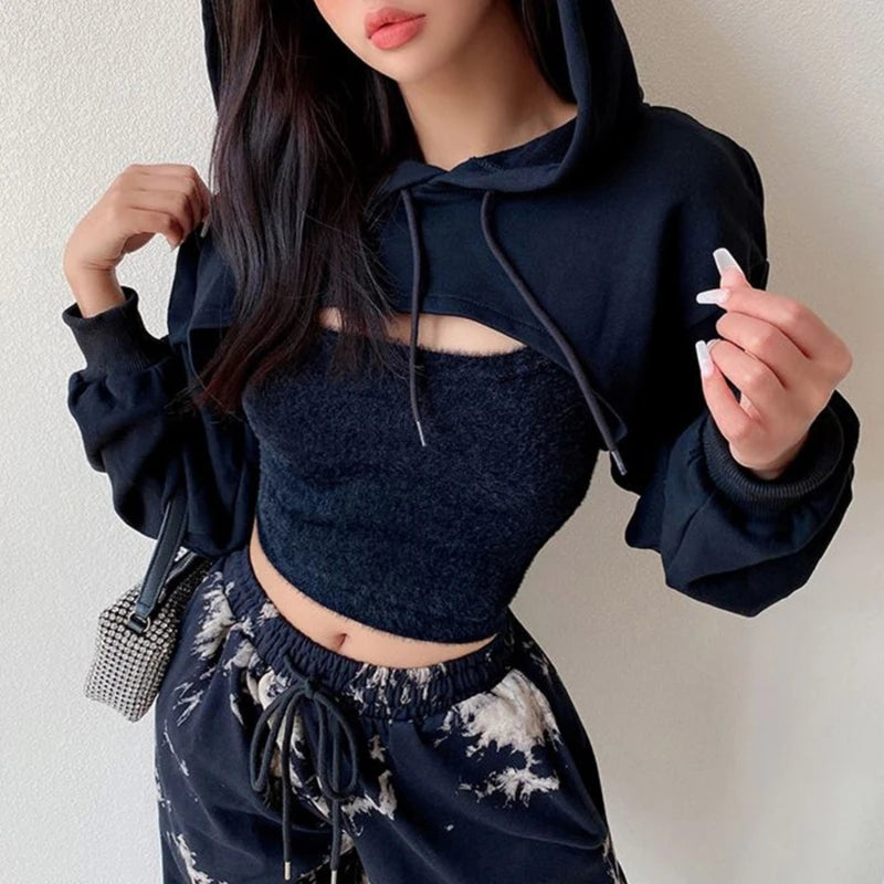 Womens Long Sleeve Cropped Hoodies Sweatshirt Aesthetic Punk Hip-Hop Dance Plain Sexy Rave Cutout Loose Super Crop Top