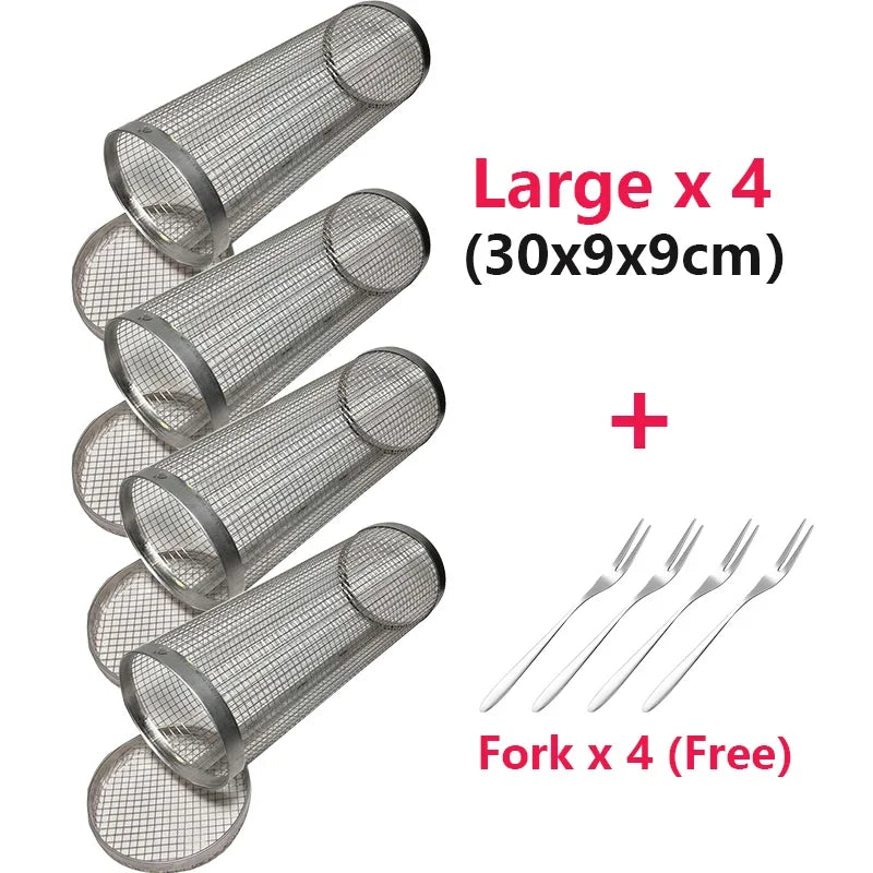 Rolling Grilling BBQ Basket Stainless Steel Leak proof Mesh Barbecue Rack Outdoor Picnic Camping Simple Cylindrical BBQ Grill