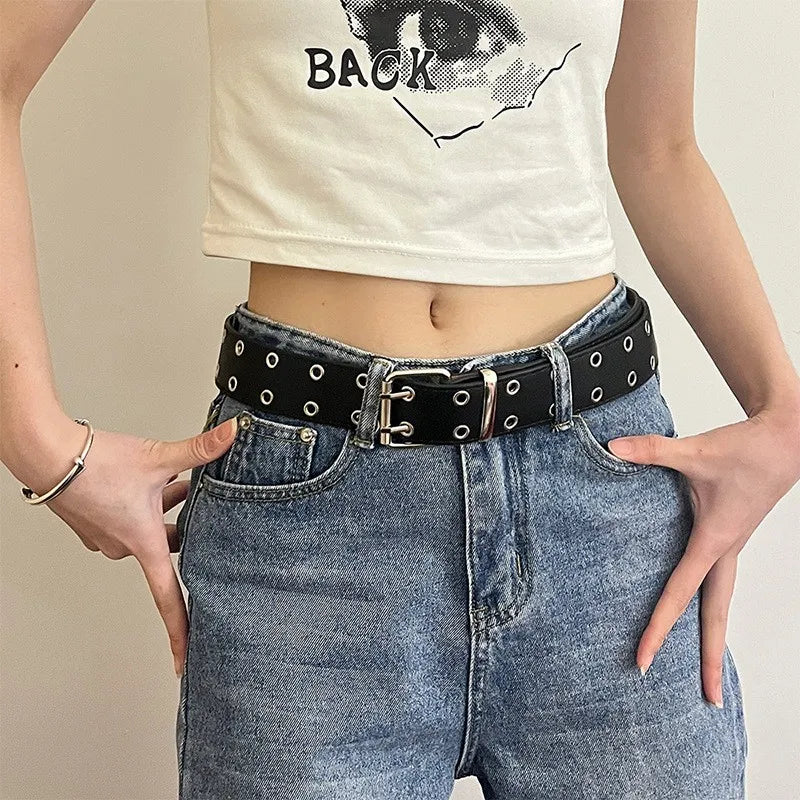 Women's Belt Trend Double Ring Belt Double Hole Eyelet Grommet Leather Buckle Punk Pin Belt Leisure Dress Jeans Gothic Waistband