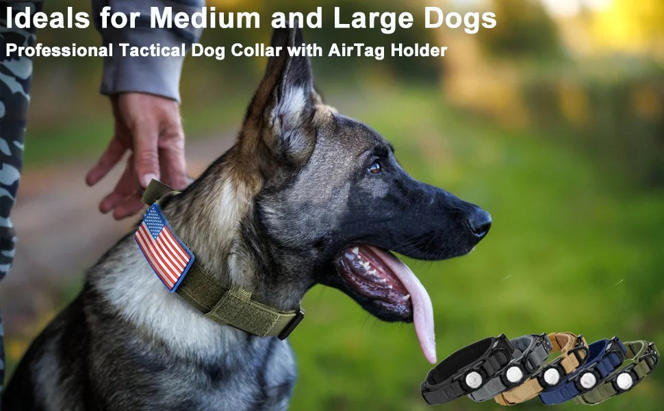 Tactical AirTag Dog Collar with Handle and Metal Buckle for Medium Large Dogs