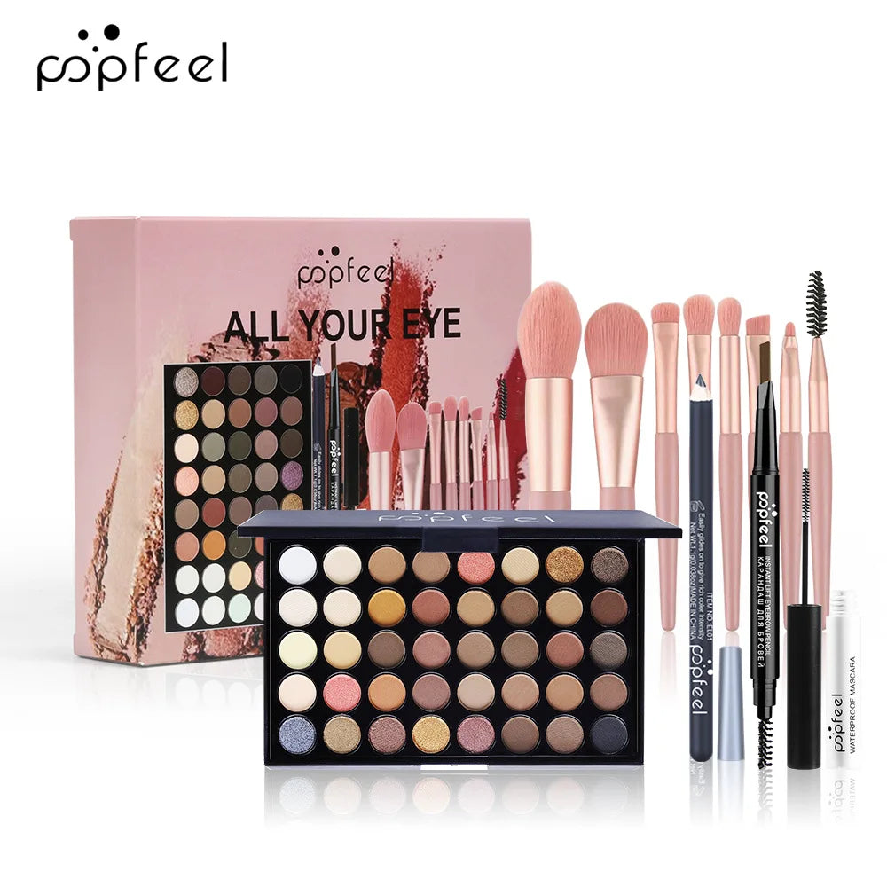 Popfeel All in One Makeup Kit Gift Set with Eyeshadow Palette Foundation Lip Gloss Blush Brushes and Eyeliner Essential Beauty Collection