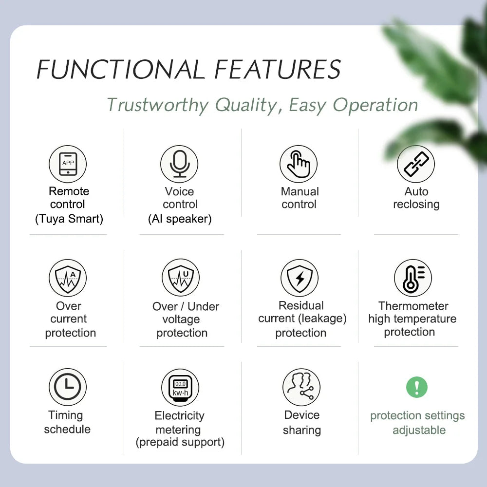 Interruptor temporizador de medidor prepago con control remoto por voz Tuya WiFi trifásico 4P 100A con reconexión automática y protector contra sobretensión y subtensión