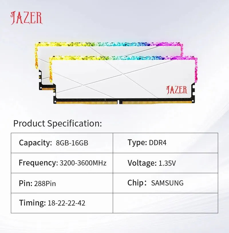 Memoria RAM DDR4 JAZER RGB de 8 GB y 16 GB, DDR4 de 8 GB x 2, 16 GB x 2, 3200 MHz y 3600 MHz, rendimiento de overclocking para computadoras de escritorio