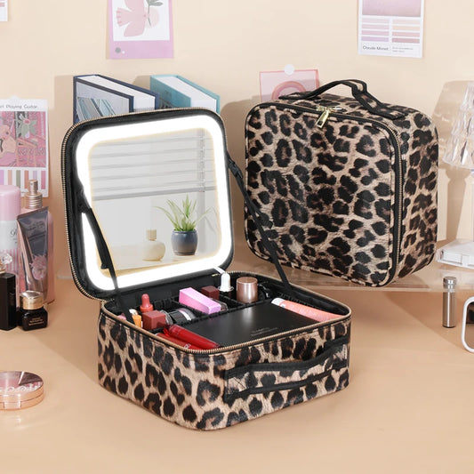 Leopard Makeup Bag with LED Mirror and Dimmable Lights Portable Cosmetic Organizer Train Case