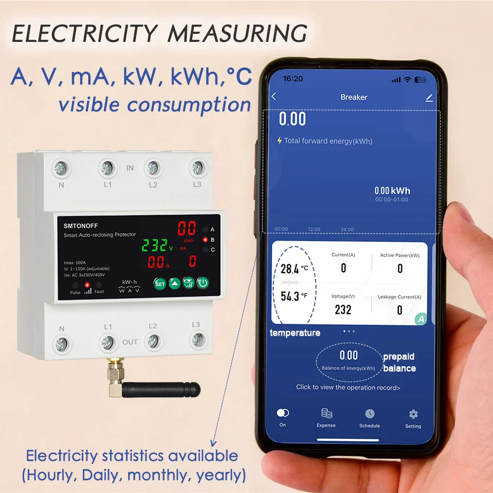 Interruptor temporizador de medidor prepago con control remoto por voz Tuya WiFi trifásico 4P 100A con reconexión automática y protector contra sobretensión y subtensión