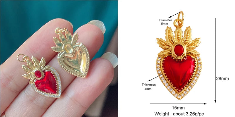 New Sacred Red Heart Charm Pendant 18K Gold Plated Zircon