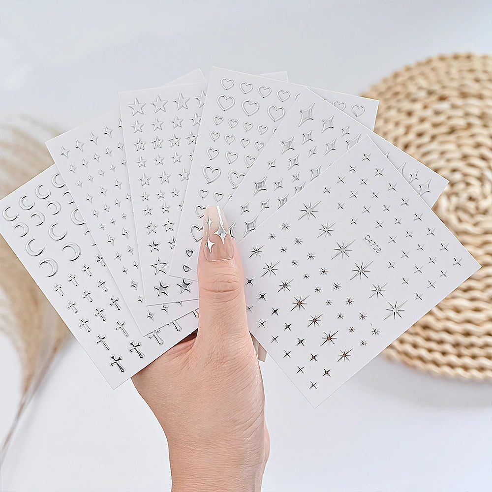 6Pcs/Set Metal Silver Star Heart Moon 3D Nail Art Stickers