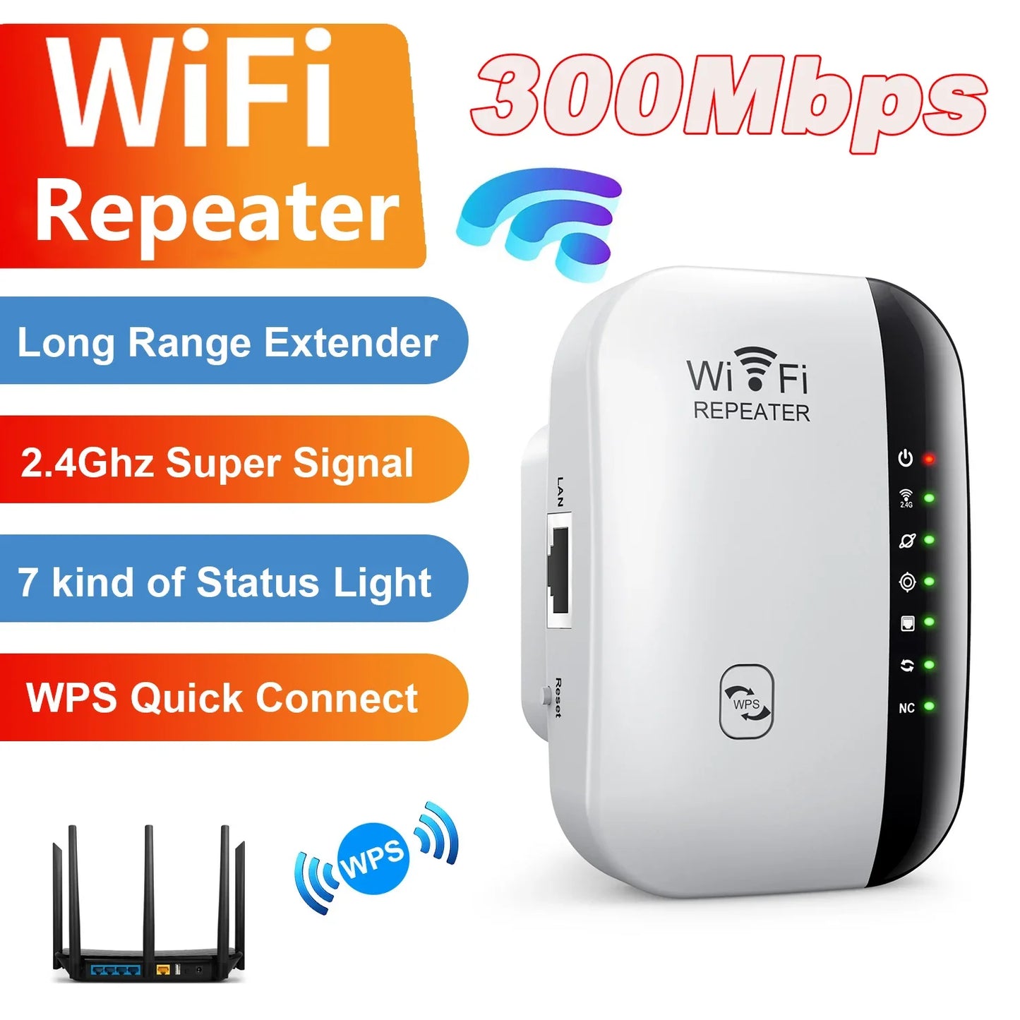 Repetidor WiFi inalámbrico de 300 Mbps, amplificador, enrutador, extensor WiFi, 802.11N, WPS, largo alcance, 7 luces de estado, repetidor WiFi para PC