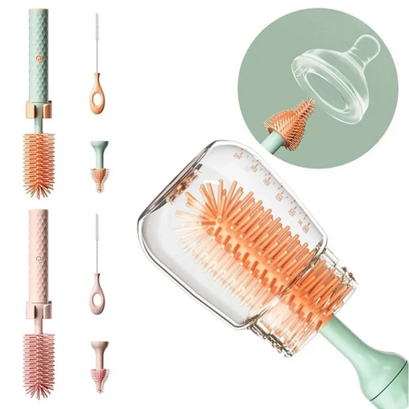 3 Pieces Electric Bottle Brush Set with 360 Degree Rotating Long Handle Waterproof Silicone Cleaning Brushes for Straws and Pacifiers