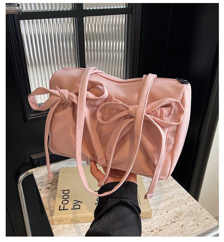 2024 New Korean Bow Nylon Shoulder Bag Fashionable and Sweet Design Tote Bag Folded Large Capacity Commuter Women's Handbag