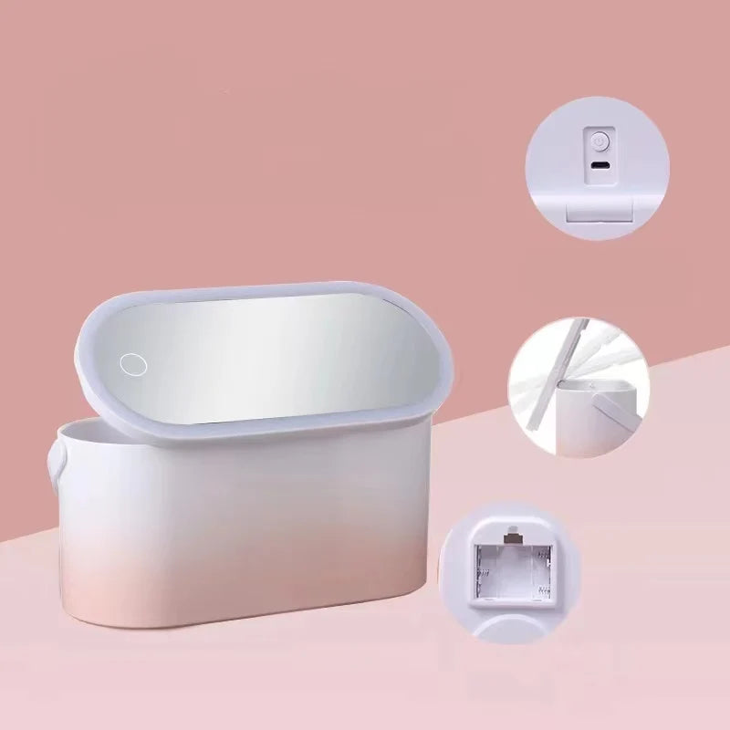 Portable Makeup Organizer Box with LED Light Mirror Travel Cosmetic Storage Case